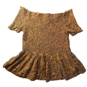 NWT Japna Off‎ Shoulder Floral Smocked Peplum Blouse Mustard Yellow Boho Size S
